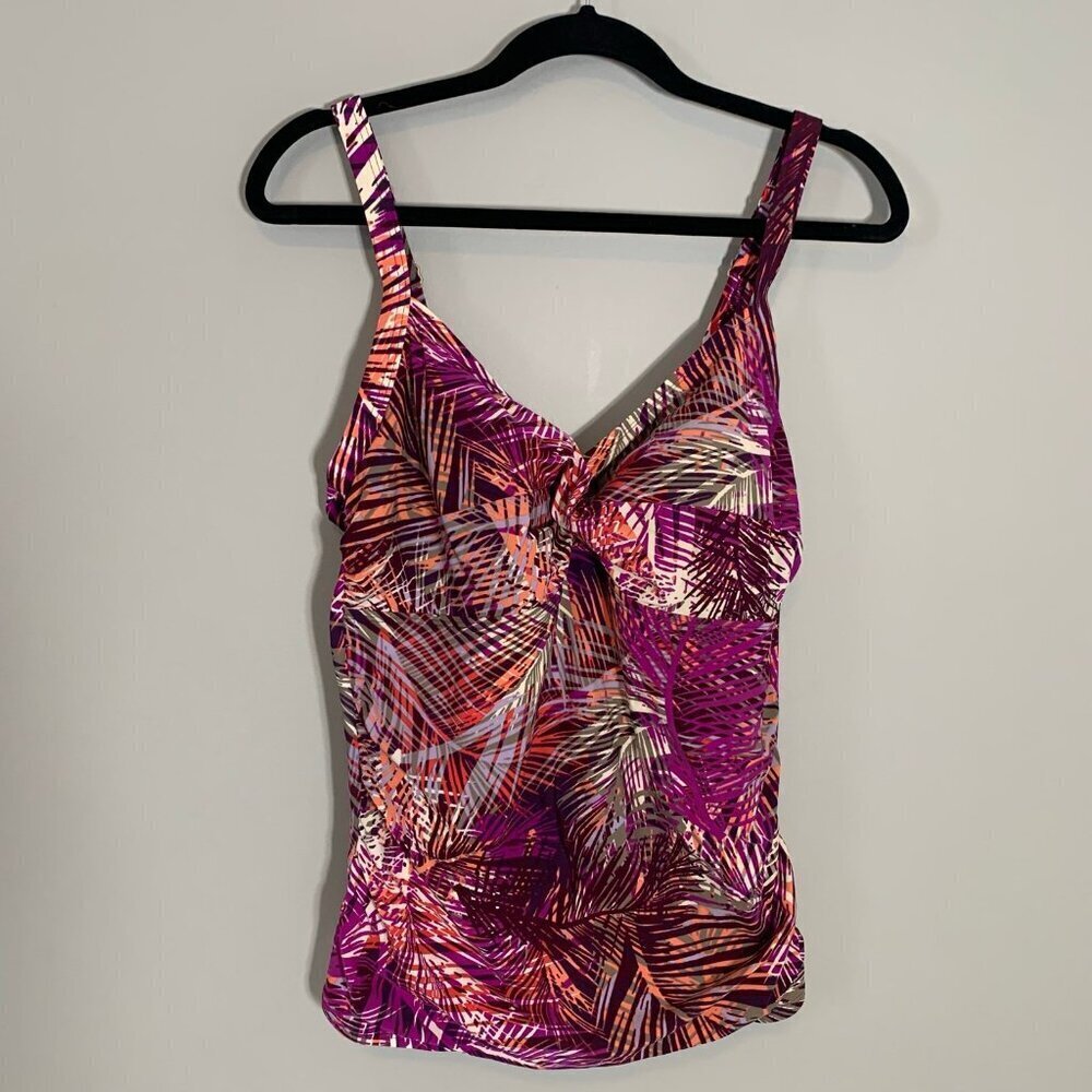 L.L. Bean Women Purple Tropical Palm‎ Twist Front Tankini Top Size 16 REG